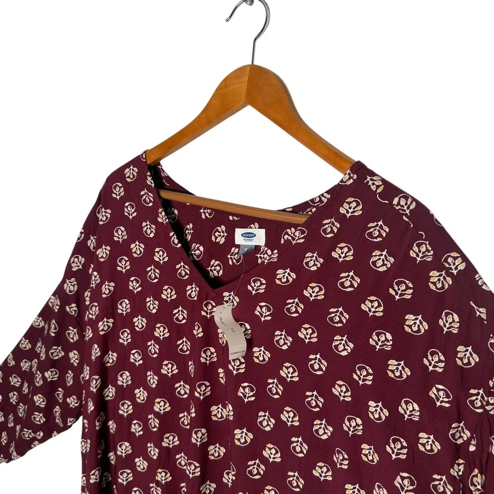 Old‎ Navy Womens XL Short Tunic Dress Floral Print Maroon Casual BOHO Festival